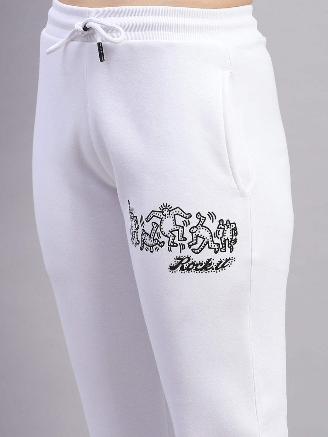 Women White Printed Hooded Full Sleeve Tracksuit