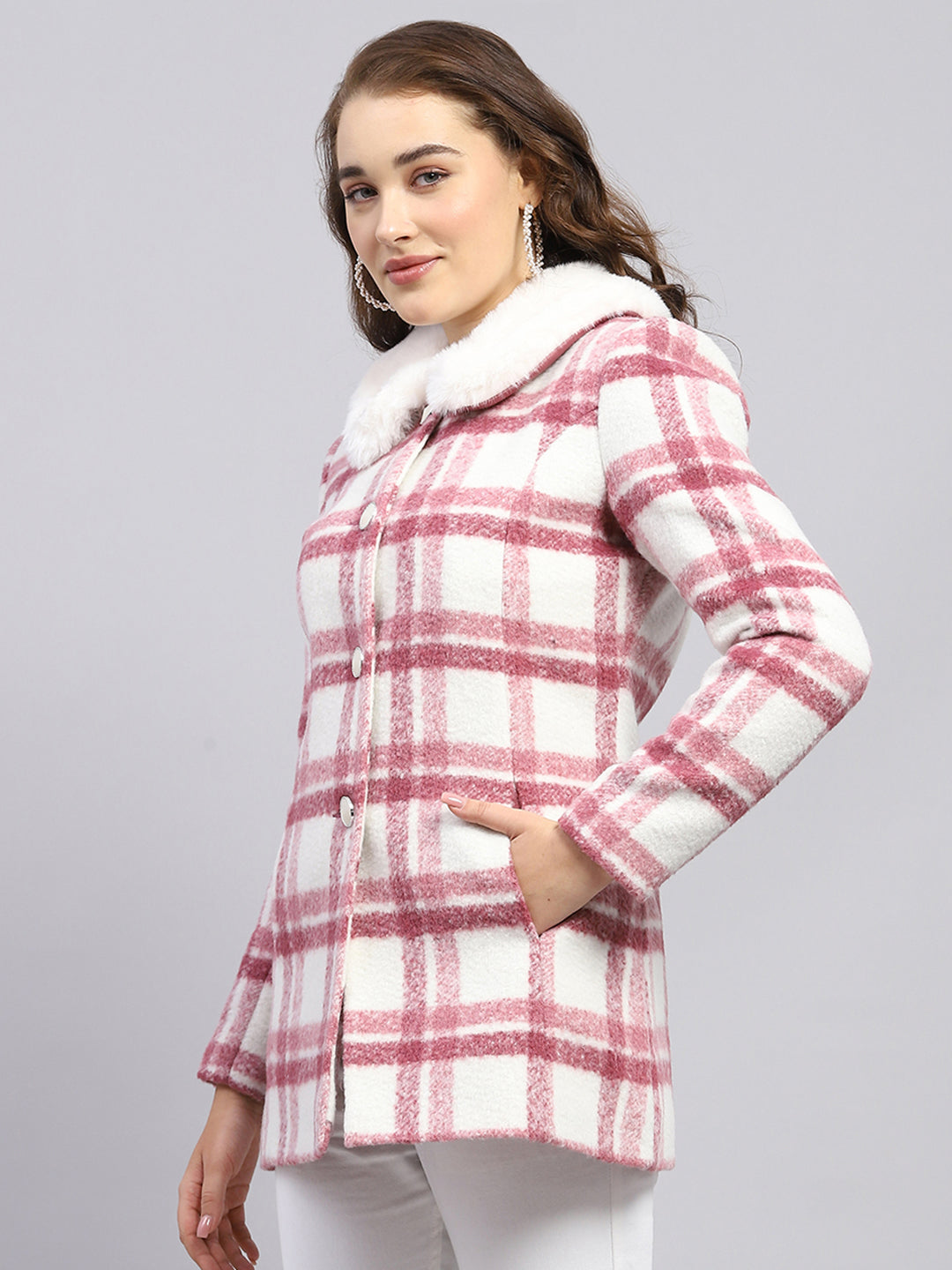 Women Pink Check Collar Full Sleeve Coat