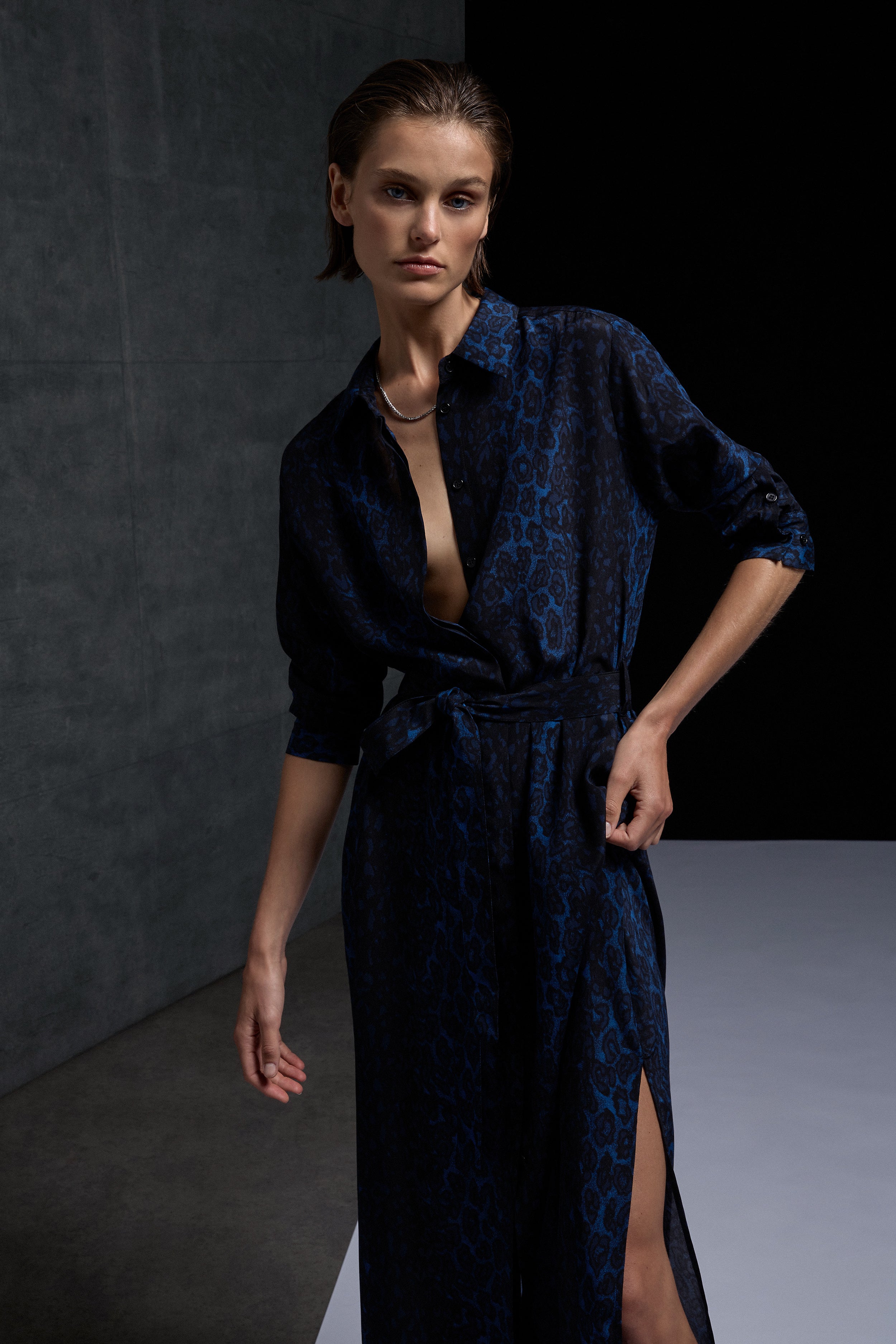 Mela Purdie Tie Shirt Dress Sapphire Leopard Silk Print