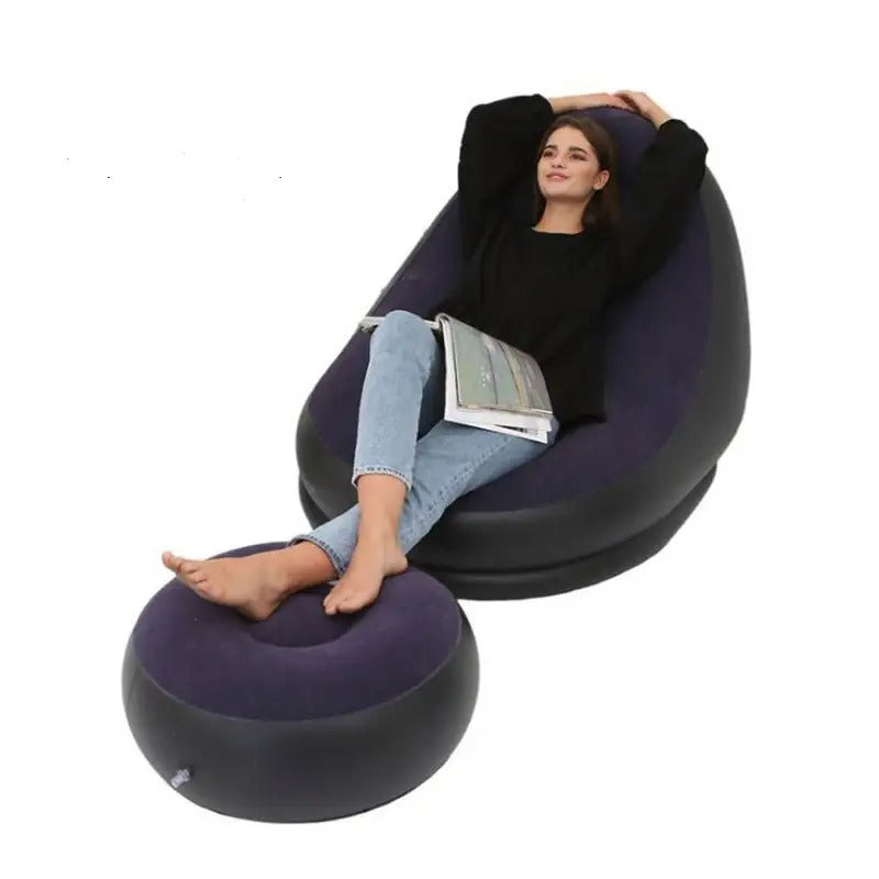 2-IN-1 Inflatable Lounge Sofa Bed Set. Portable Lazy Flocking with Footstool