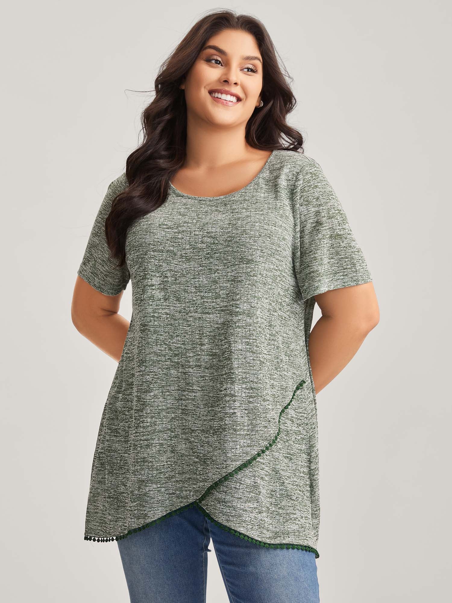 Heather Lace Overlap Hem Solid T-Shirt