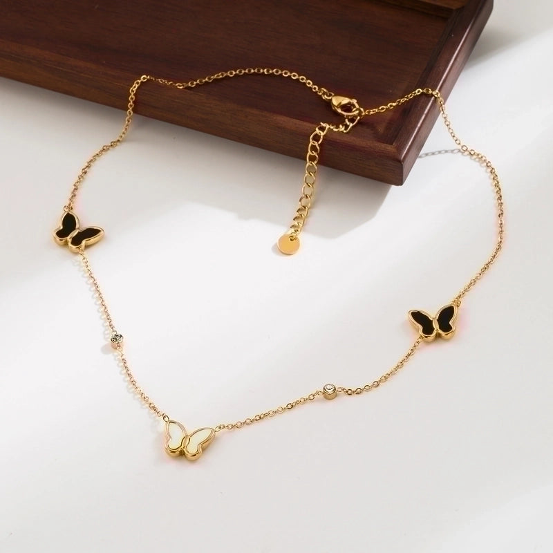 2 Pieces Vintage Style Minimalist Round Heart Shape Butterfly Stainless Steel Plating Inlay Zircon 18k Gold Plated Necklace