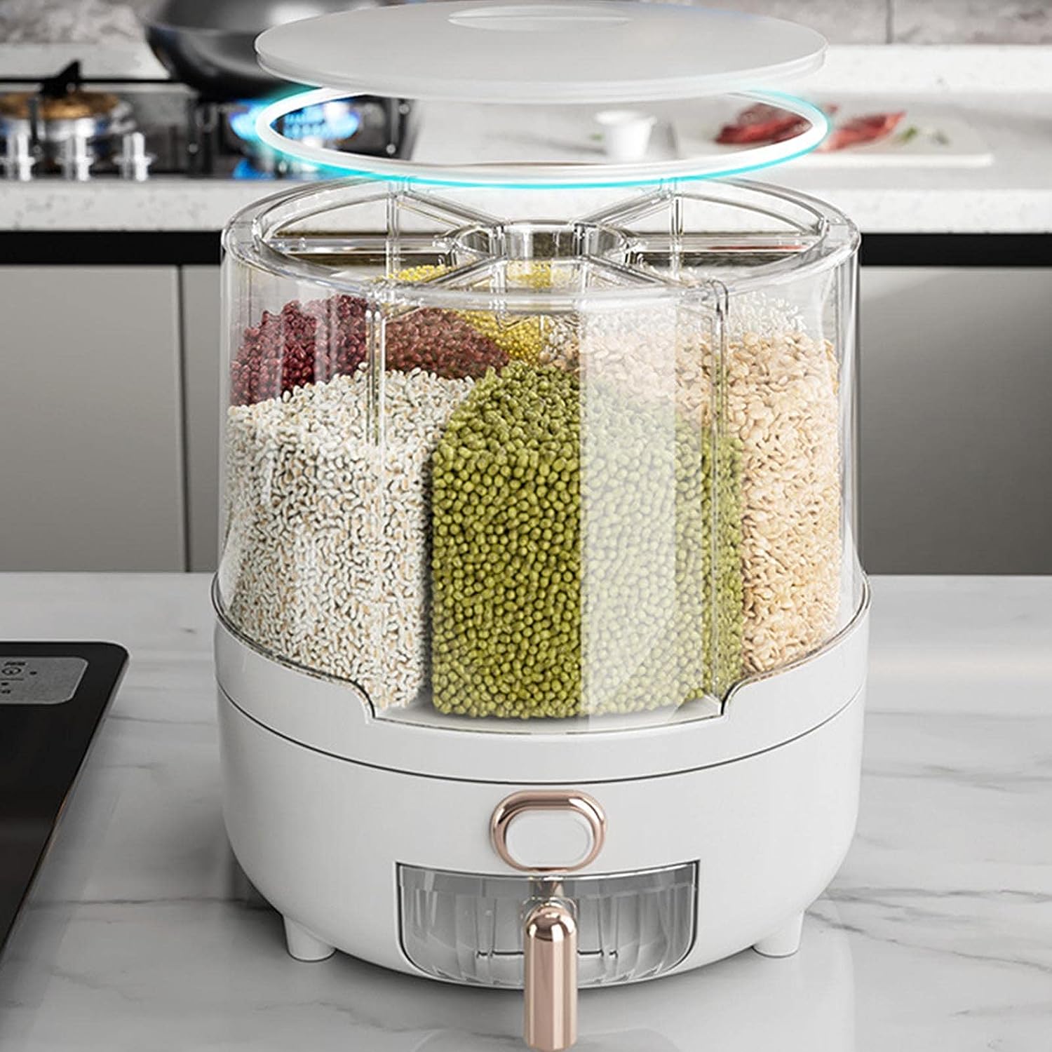 6kg Rotating Rice Dispenser. Storage Container With 6 Compartments Holder For Rice And Beans