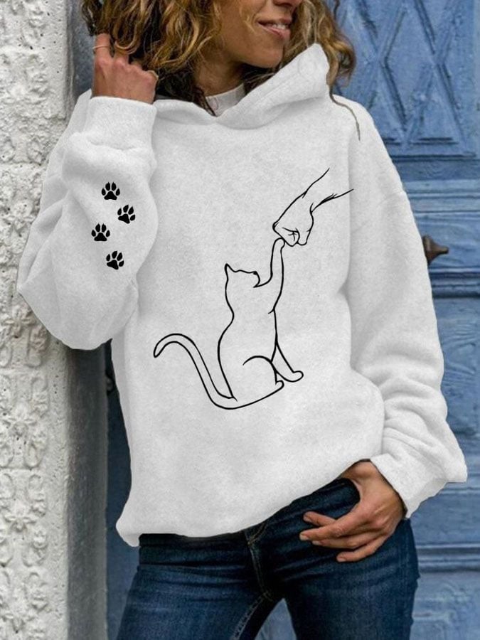 Women's Cat and Hand Print Casual Hoodie
