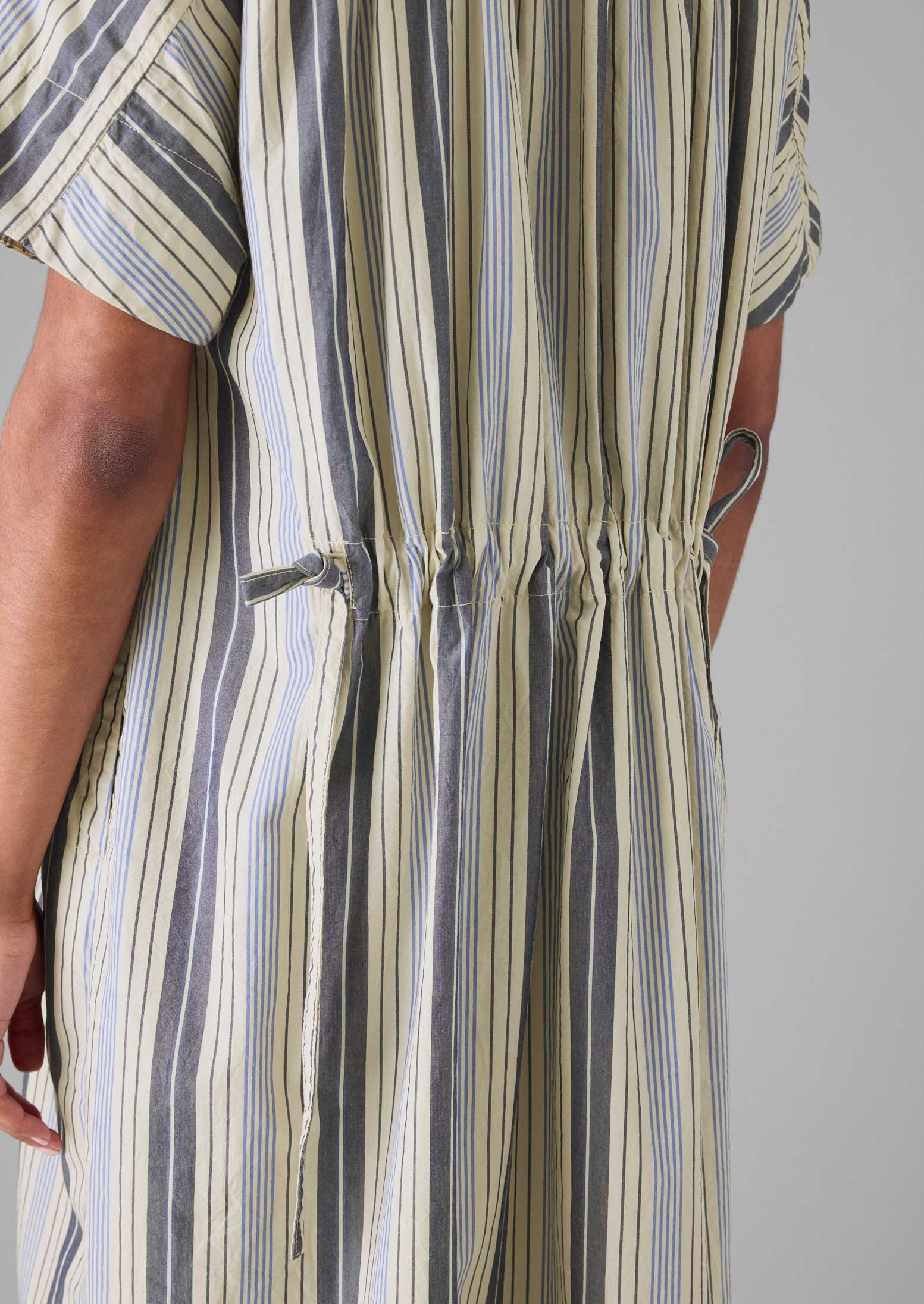 Drawstring Waist Stripe Cotton Shirt Dress | Ecru/Mixed Blues