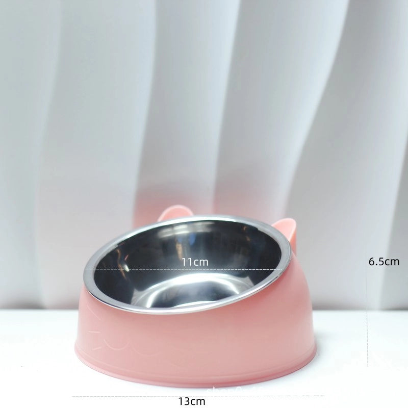 Stainless Steel Cat Dog Dual Bowl Slanted Mouth Protects Vertebras Pet Food Bowl Cat Supplies Trendy Double Neck Protection