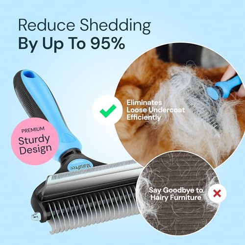 MalsiPree Dog Grooming Brush for Shedding - 2 in 1 Deshedding Tool and Undercoat Rake for Long and Short Haired Dogs with Double Coat - Dematting Comb and Pet Hair Deshedder Supplies (Large. Blue)