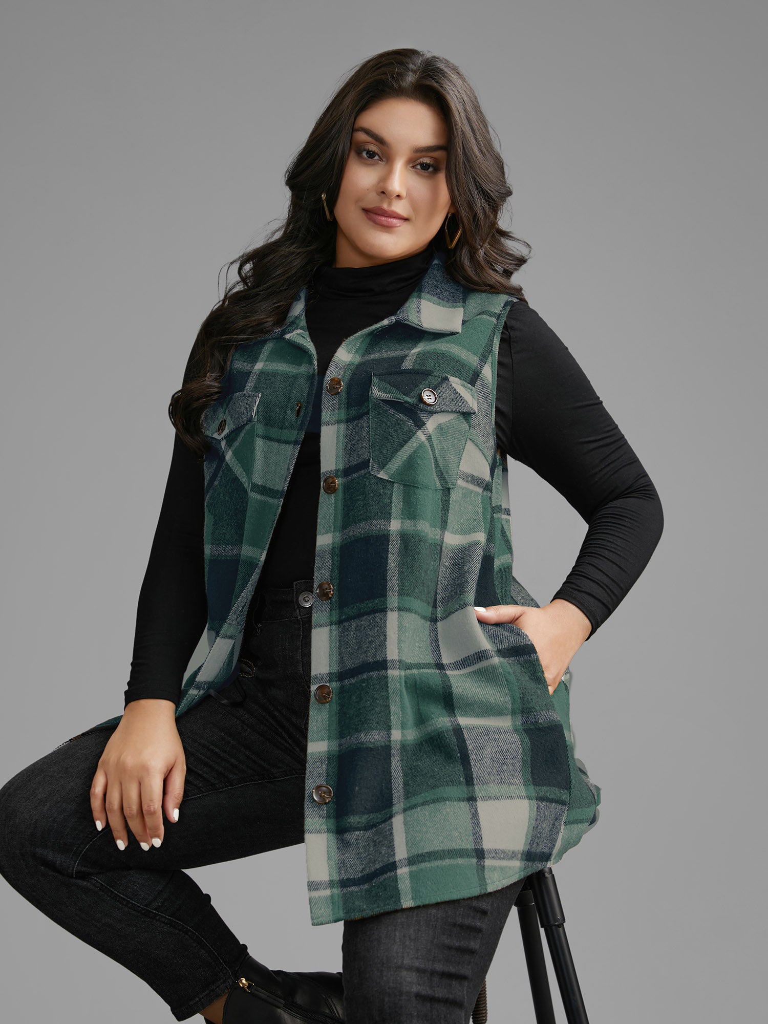 Plaid Flap Detail Sleeveless Jacket