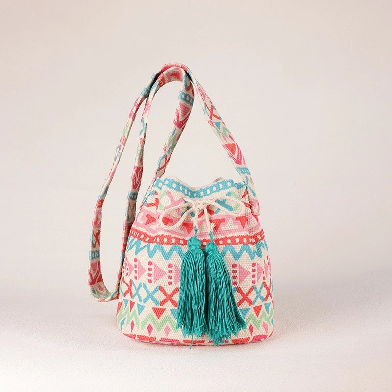 Women's Medium Canvas Geometric Ethnic Style Bucket Open Bucket Bag