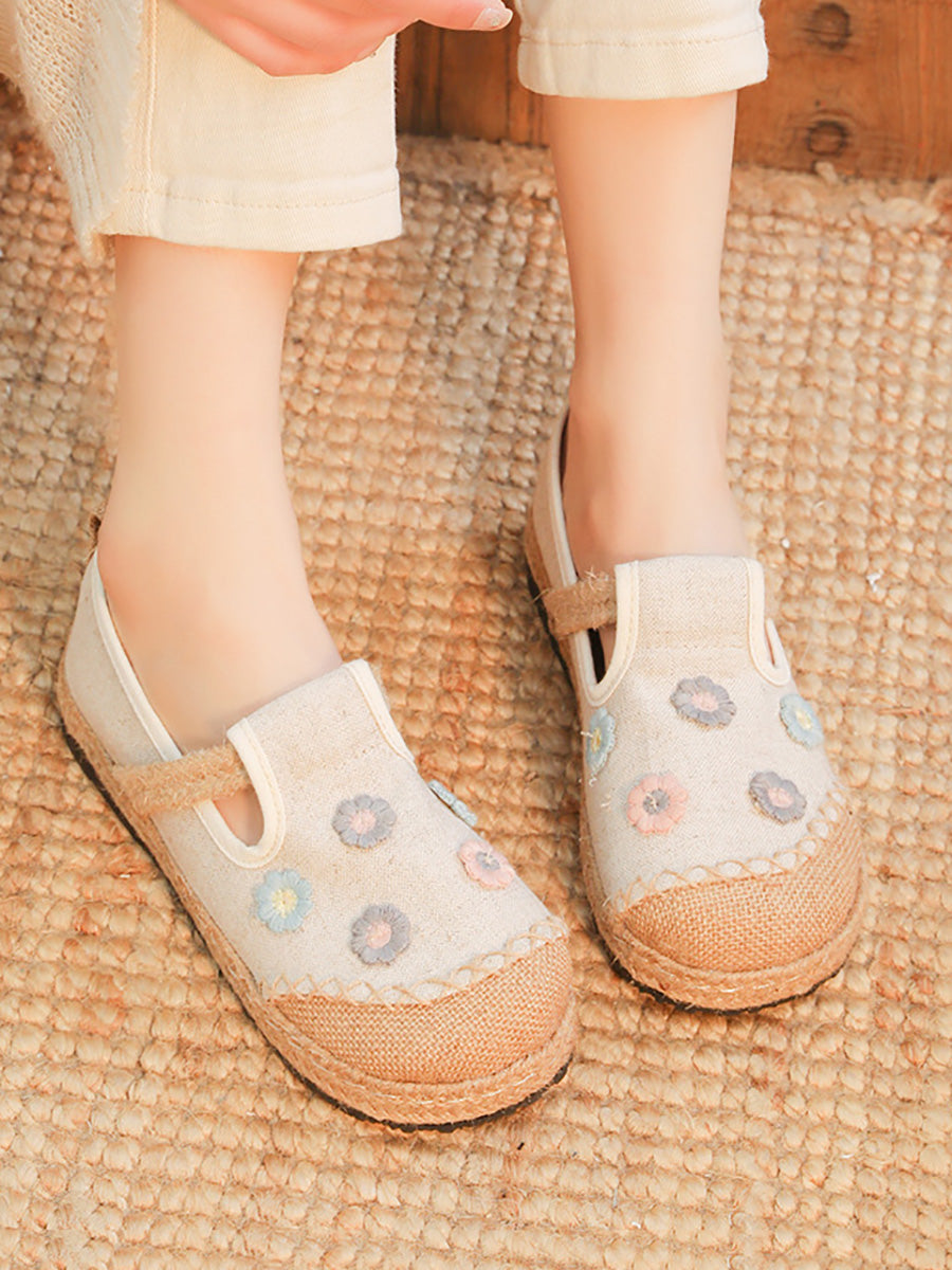 Women Artsy Summer Flower Embroidery Linen Shoes