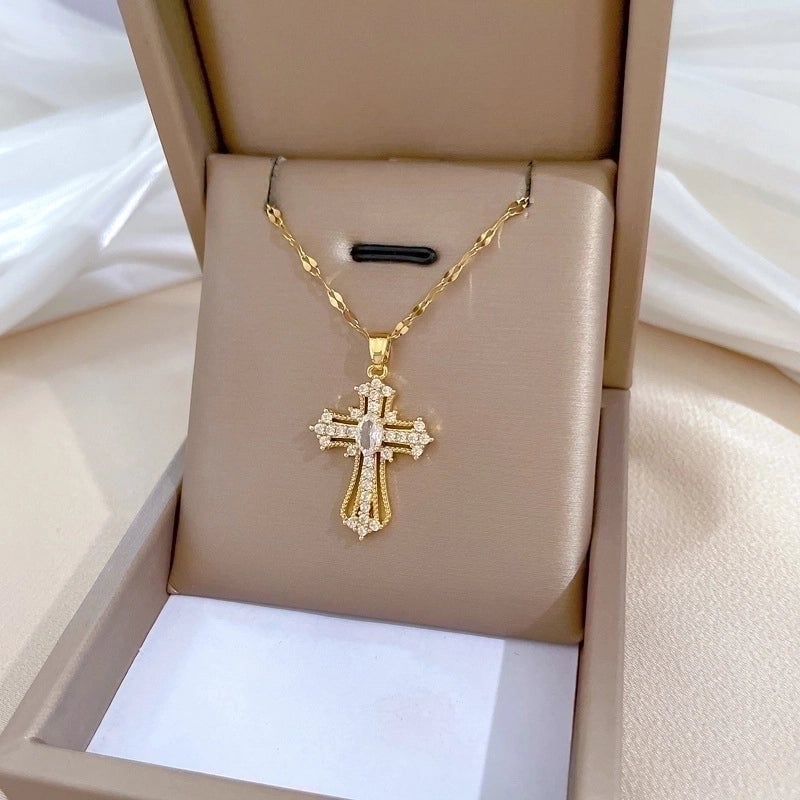 Minimalist Cross Titanium Steel Copper Zircon Pendant Necklace In Bulk