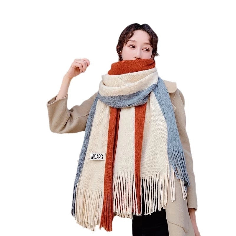 New Contrast Color Fashion Imitation Cashmere Scarf Women's Long Warm Student Scarf Tassel Couple's Shawl