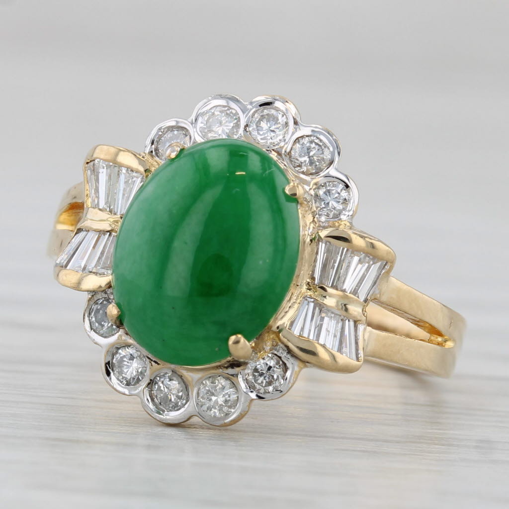 Green Jadeite Jade 0.41ctw Diamond Halo Ring 18k Yellow Gold Size 7