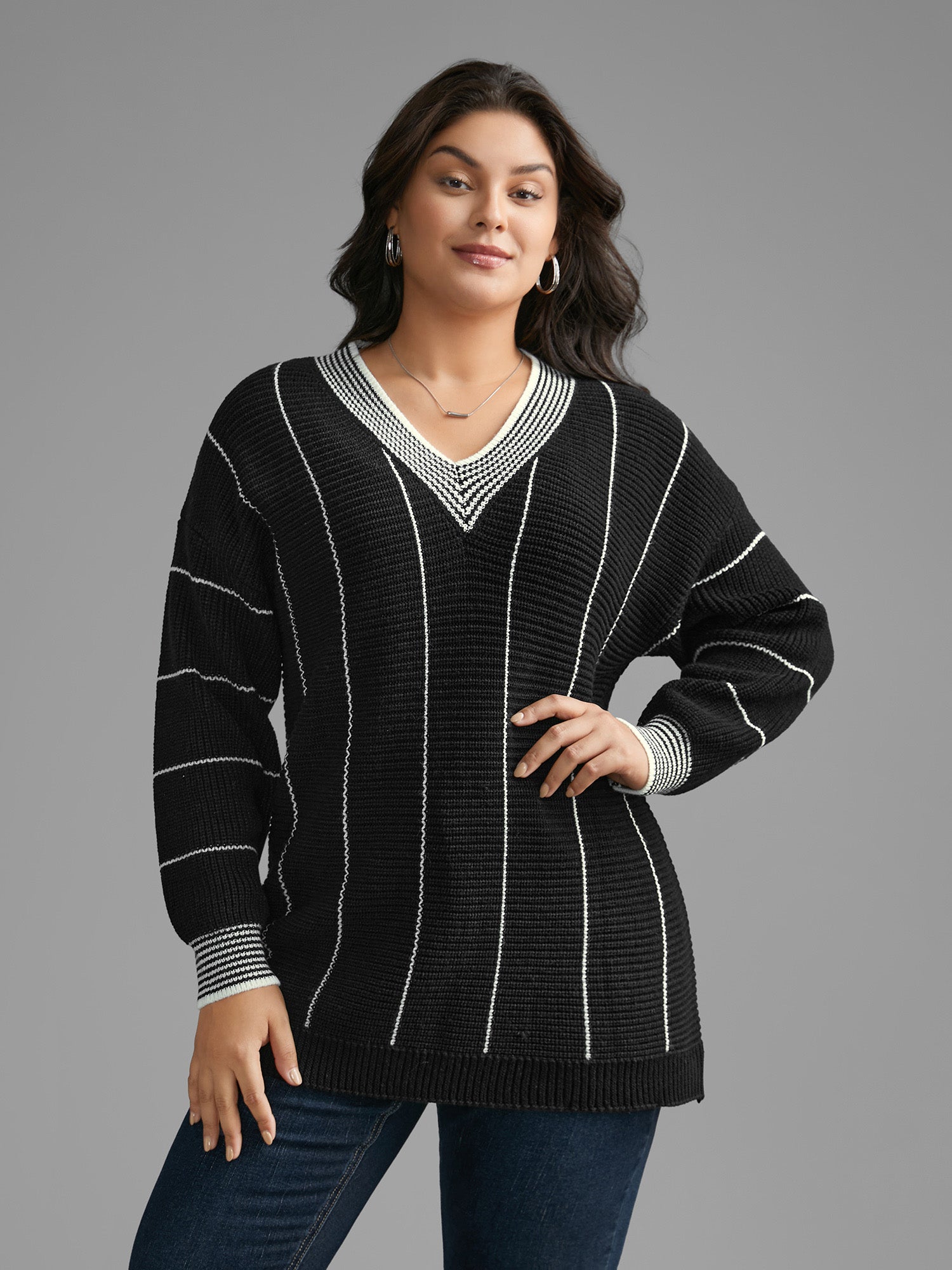 Texture Contrast Striped Lantern Sleeve Pullover