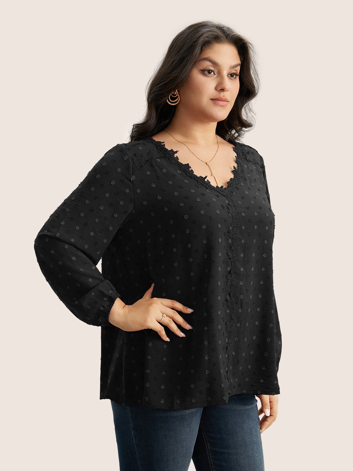 Plisse Eyelet Lace Elastic Cuffs Blouse