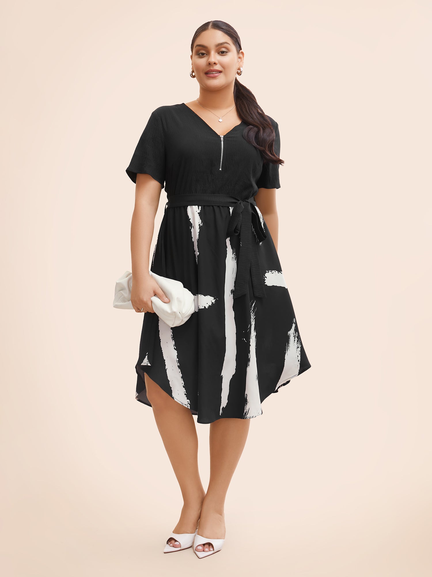 Brush Print Arc Hem Half Zip Dress