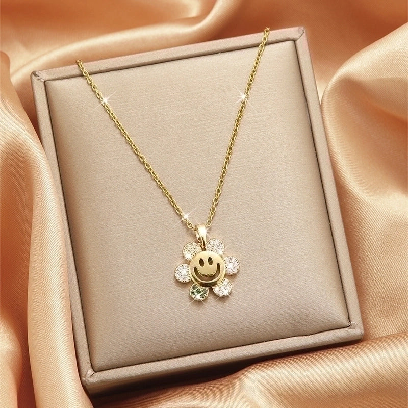 3 Pieces Lady Heart Shape Flower Titanium Steel Plating Inlay Zircon Gold Plated Pendant Necklace
