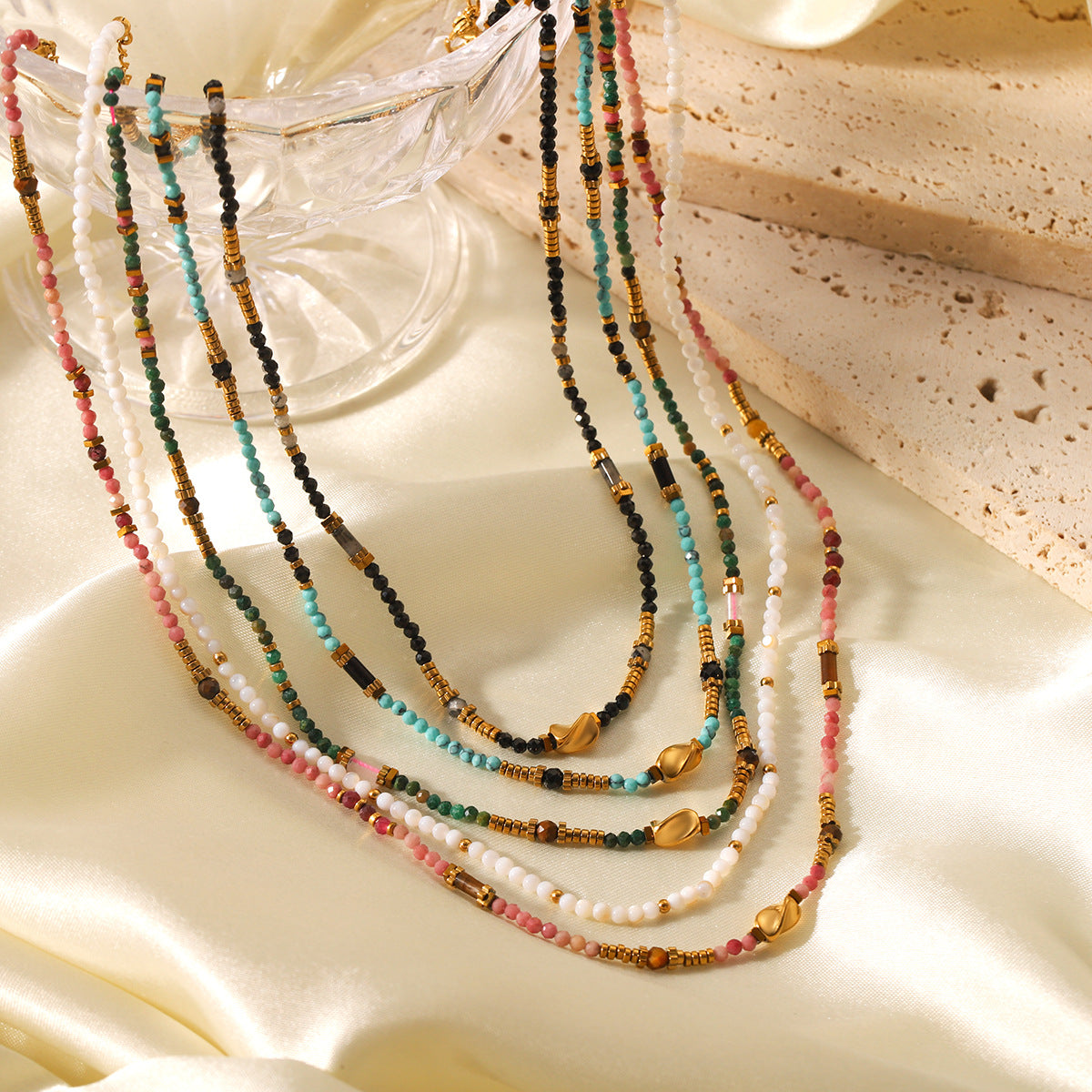Dopamine Colored Beaded Necklace For Women Niche Design Natural Stone Clavicle Chain Stainless Steel Pendant Necklace