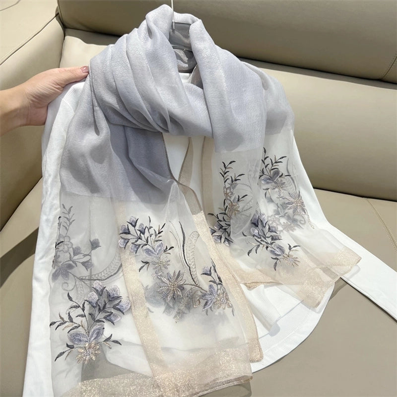 Women's Elegant Flower Polyester Embroidery Silk Scarf
