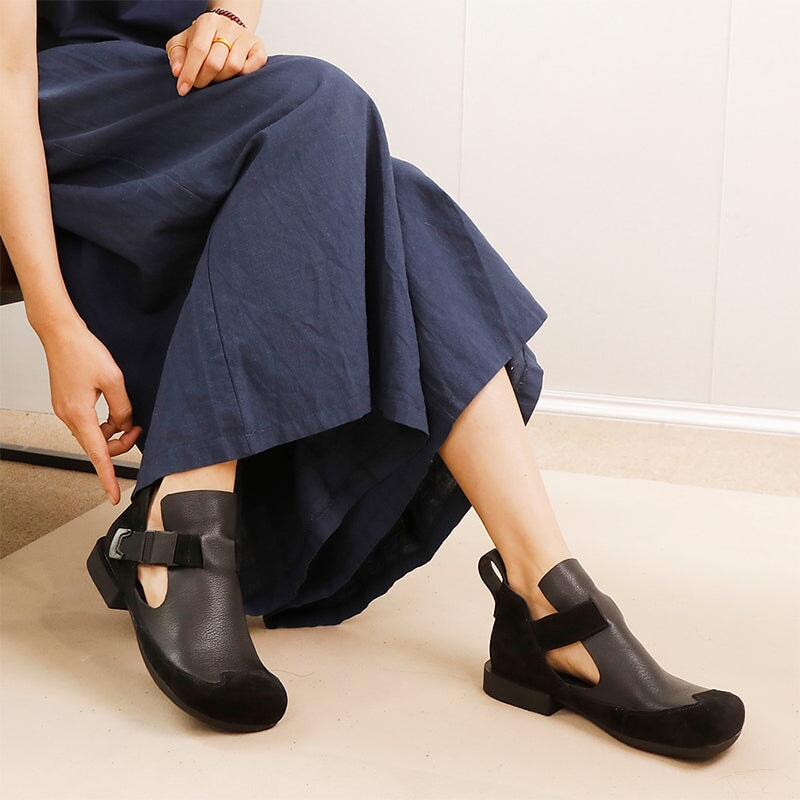 Full-Grain Leather Block Heel Suede Toe Cap Sandals with Buckle Closure in Black/Brown