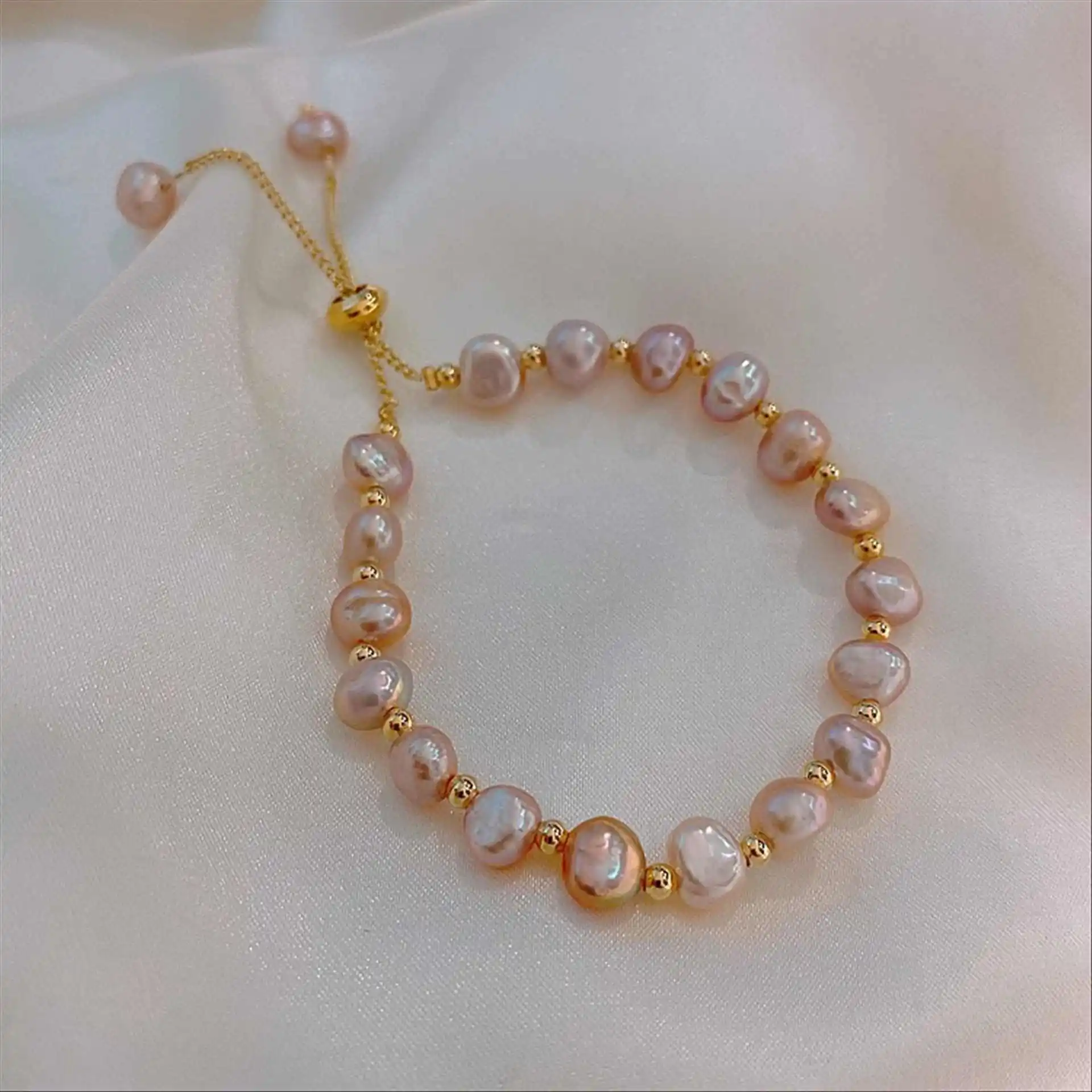 Natural Beads Drawstring Baroque Pearl Bracelet Gold PVD Plated Stainless Steel Charm Freshwater Pearl Bracelets Women ZS1