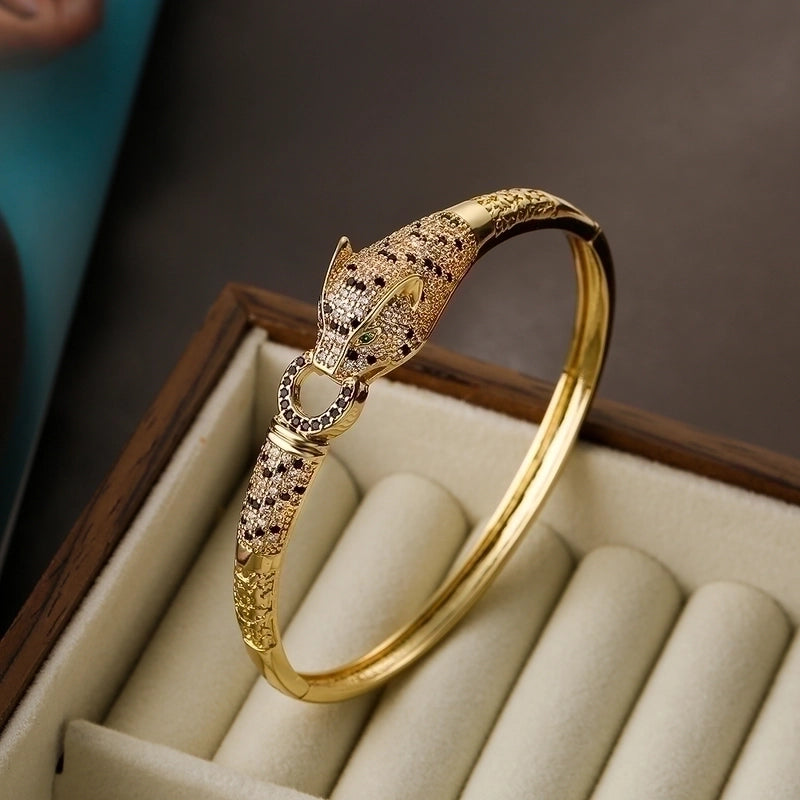 2 Pieces Hip-hop Leopard Copper 18k Gold Plated Pearl Zircon Bangle In Bulk
