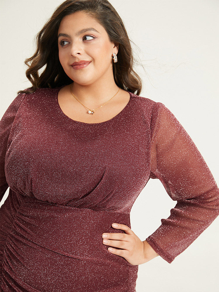Lurex Glitter Crew Neck Mesh Patchwork Gathered Dress