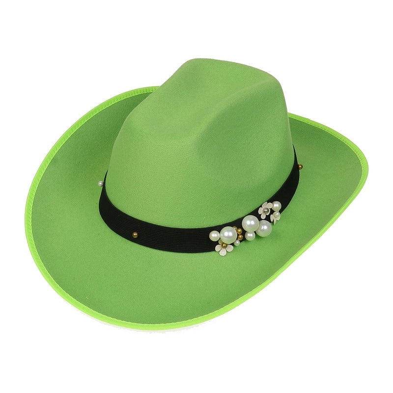 New Woolen Hat Western Denim Top Hat Men And Women Couple Hat Big Brim Curling Felt Hat