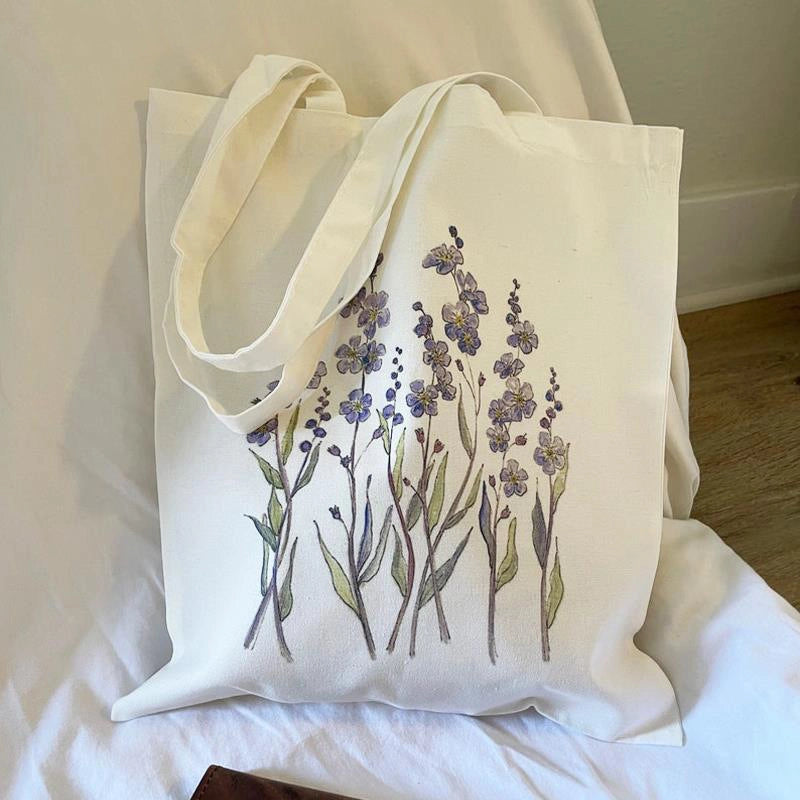 Women's Medium Canvas Flower Basic Classic Style Square Open Canvas Bag