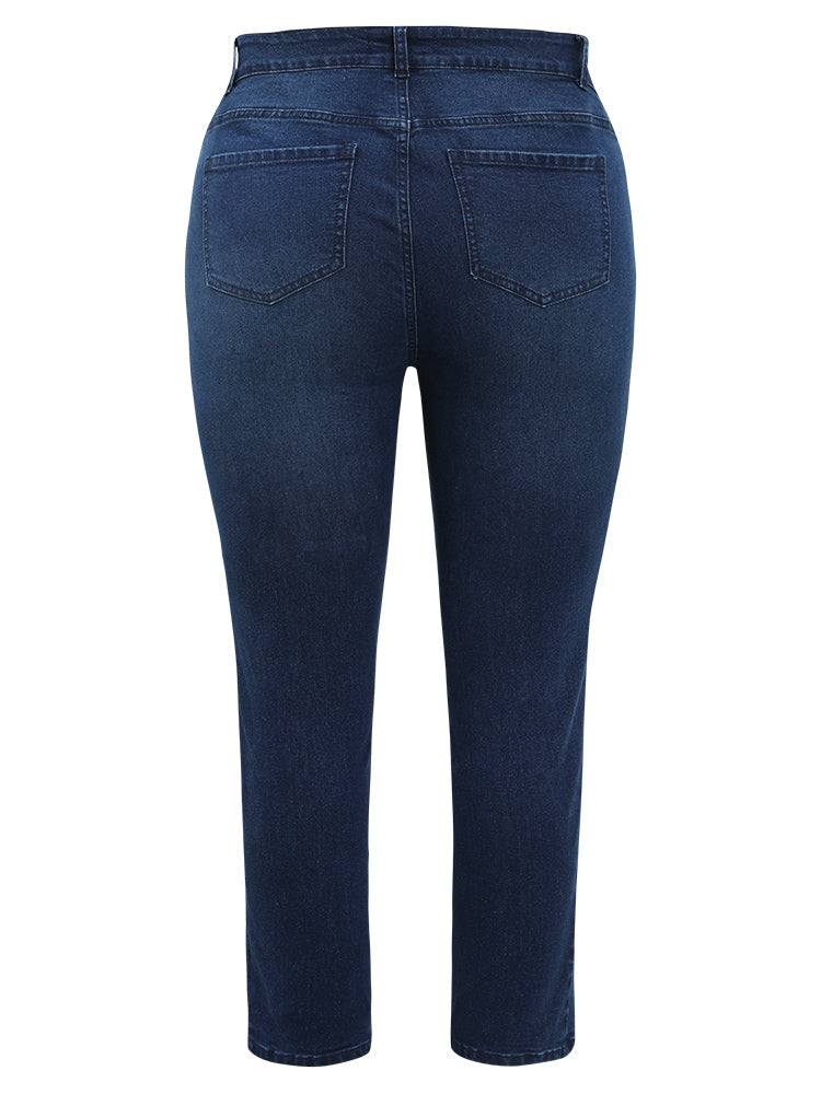 Straight Very Stretchy High Rise Dark Wash Embroidered Trim Jeans
