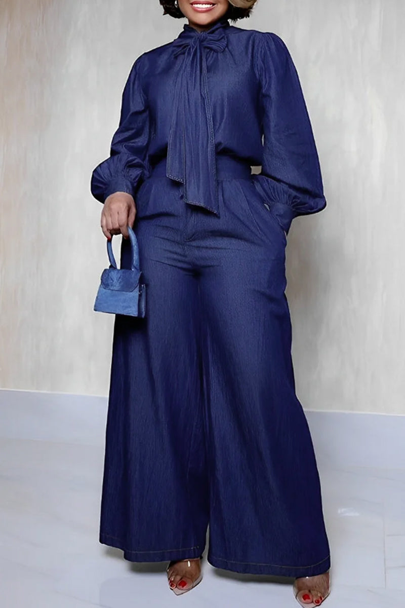Elegant Solid Color Pants Knotted Half A Turtleneck Long Sleeve Two Pieces