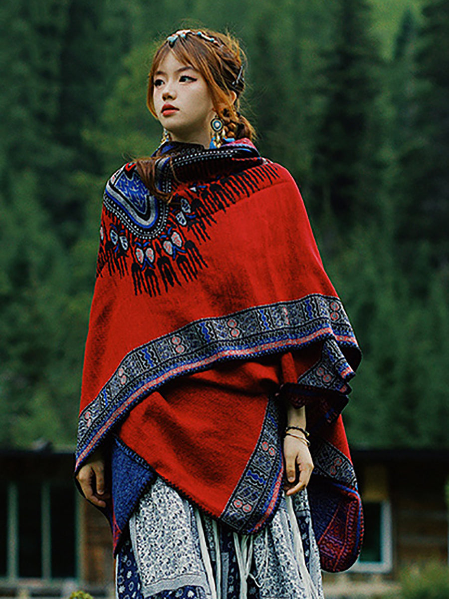 Women Vintage Travel Colorblock Warm Shawl