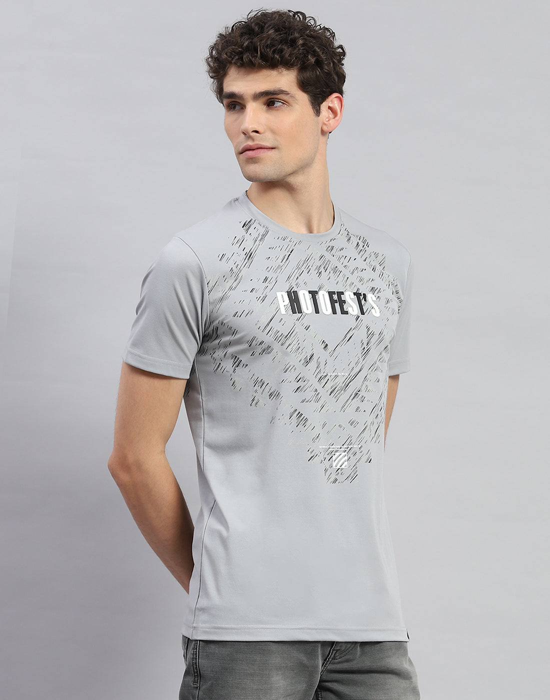 Men Grey Printed Round Neck Half Sleeve T-Shirt