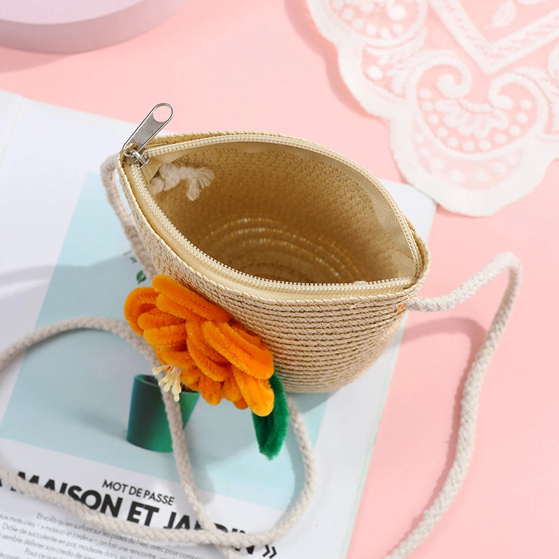 Women's Small Straw Solid Color Flower Vacation Beach Weave Round Zipper Straw Bag
