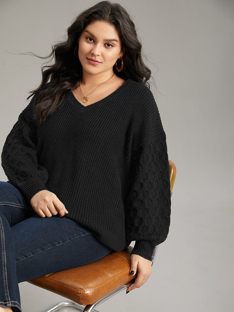 Solid Cable Knit V Neck Drop Shoulder Pullover