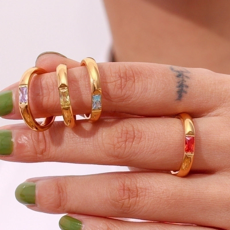Fashion Rectangle 304 Stainless Steel Birthstone Zircon 18K Gold Plated Plating Rings