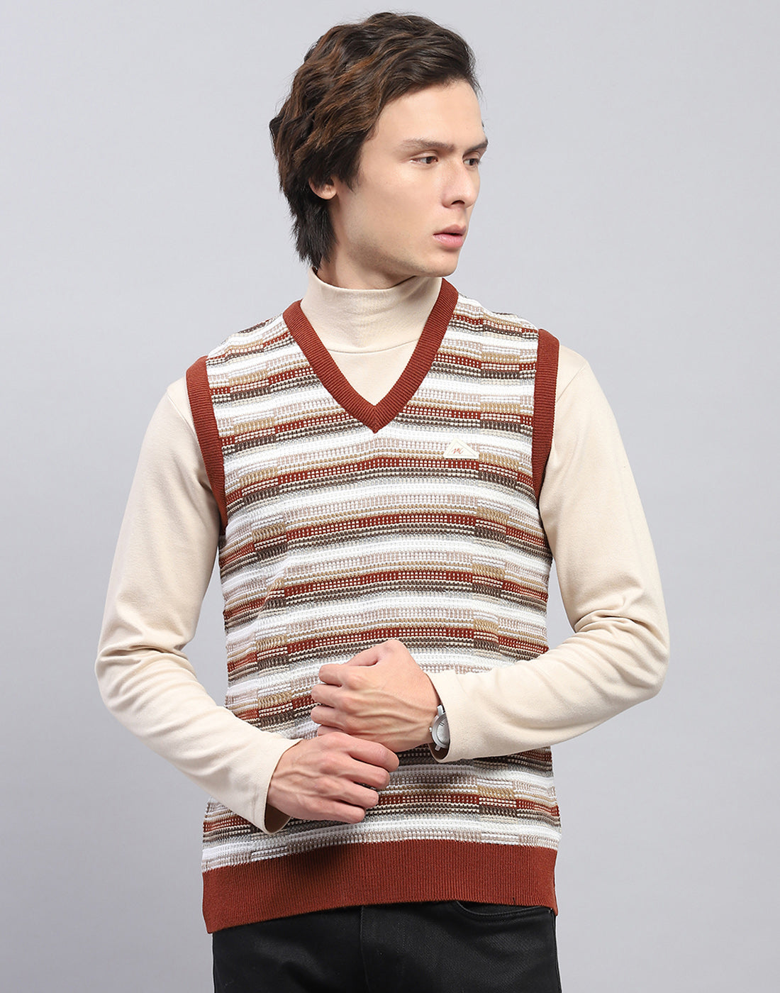 Men Brown Self Design V Neck Sleeveless Sweater