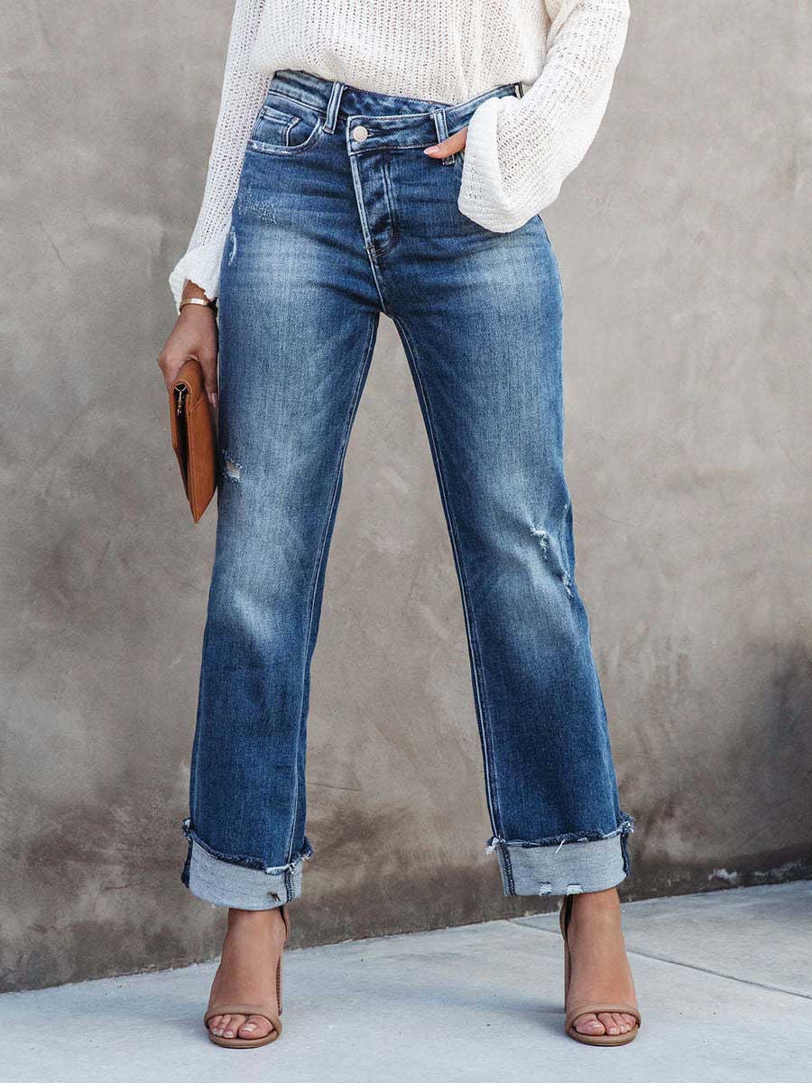 Street Solid Make Old Asymmetrical Straight Denim Jeans