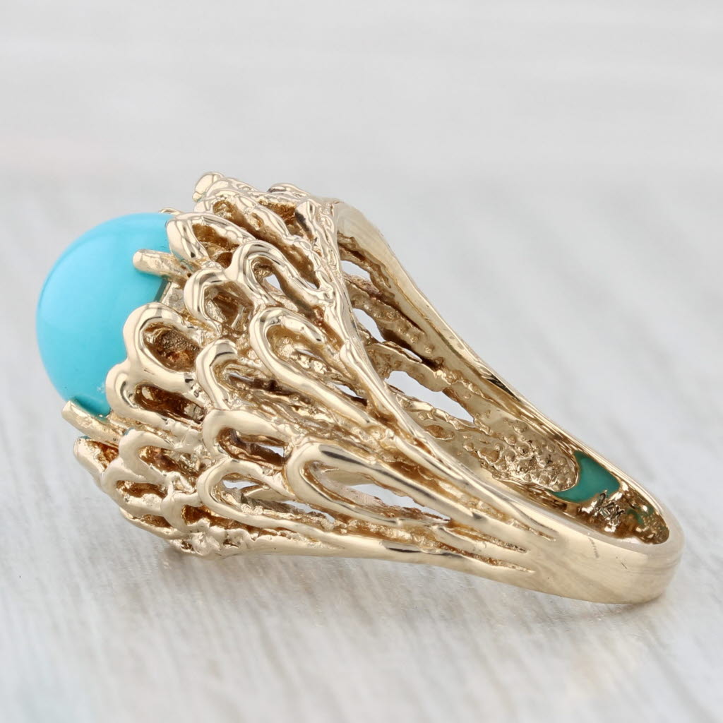 Simulated Turquoise Ring 14k Gold Round Cabochon Size 6.5 Ornate Openwork