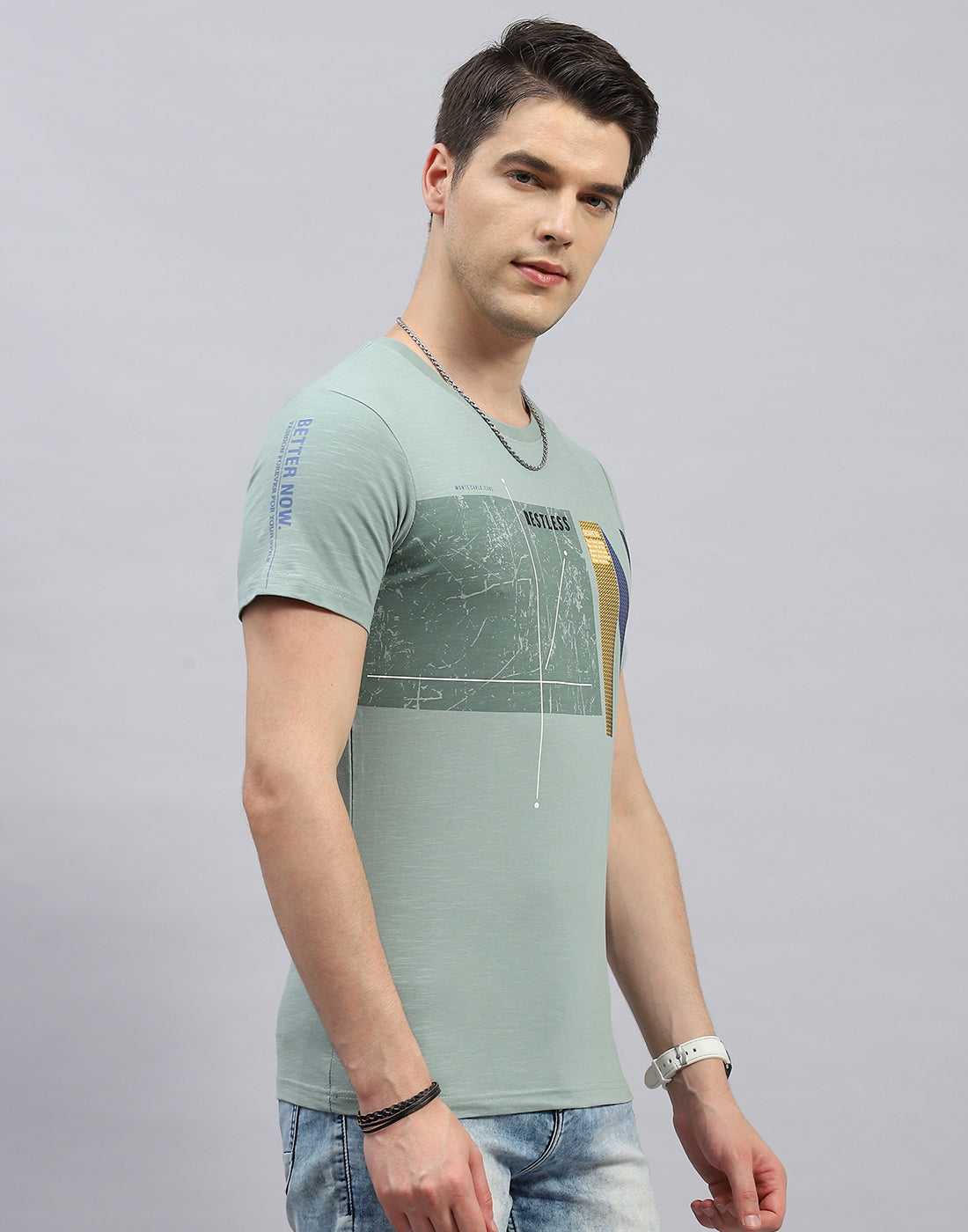 Men Green Printed Round Neck Half Sleeve T-Shirt