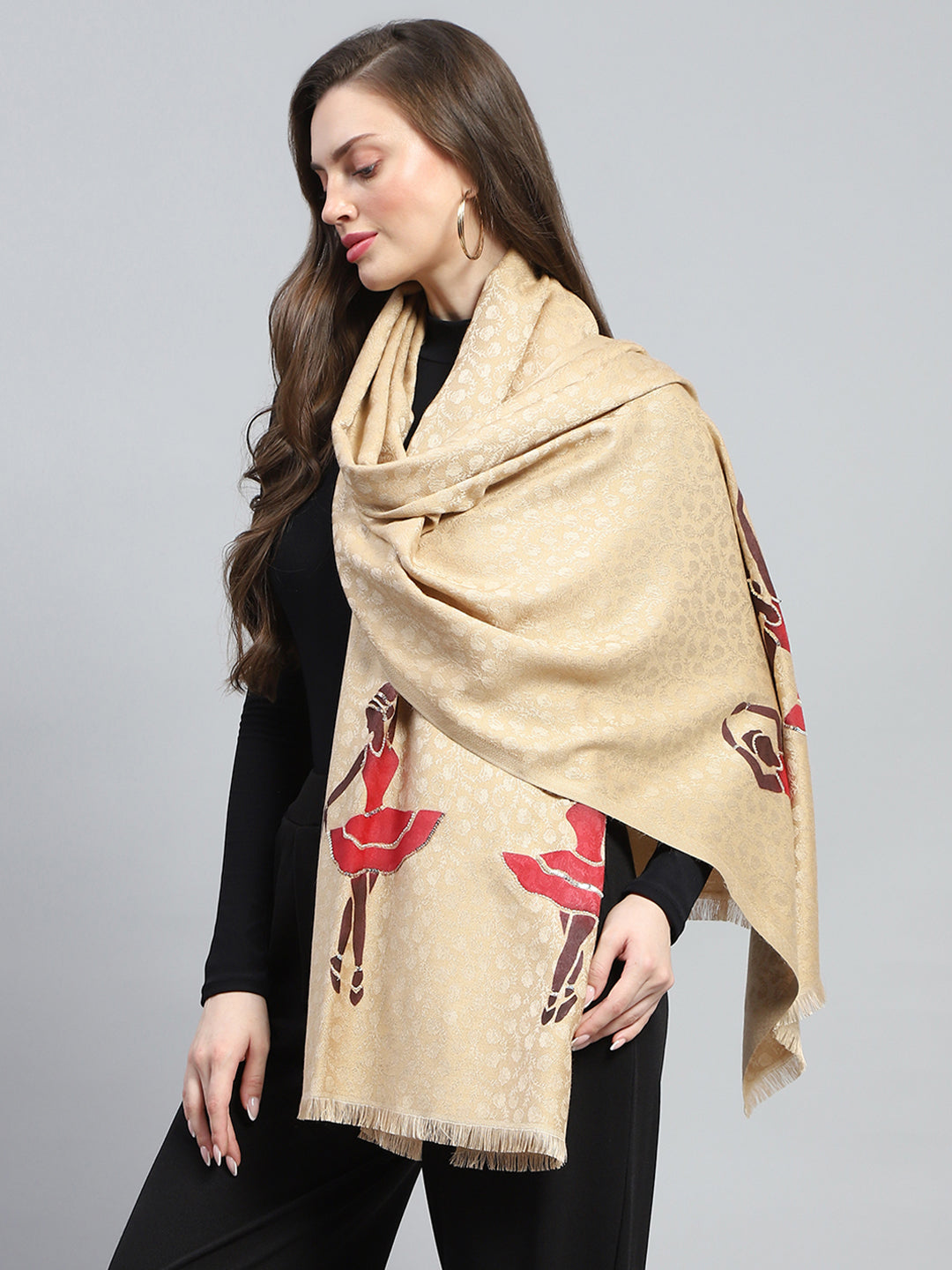 Women Beige Self Design Stole