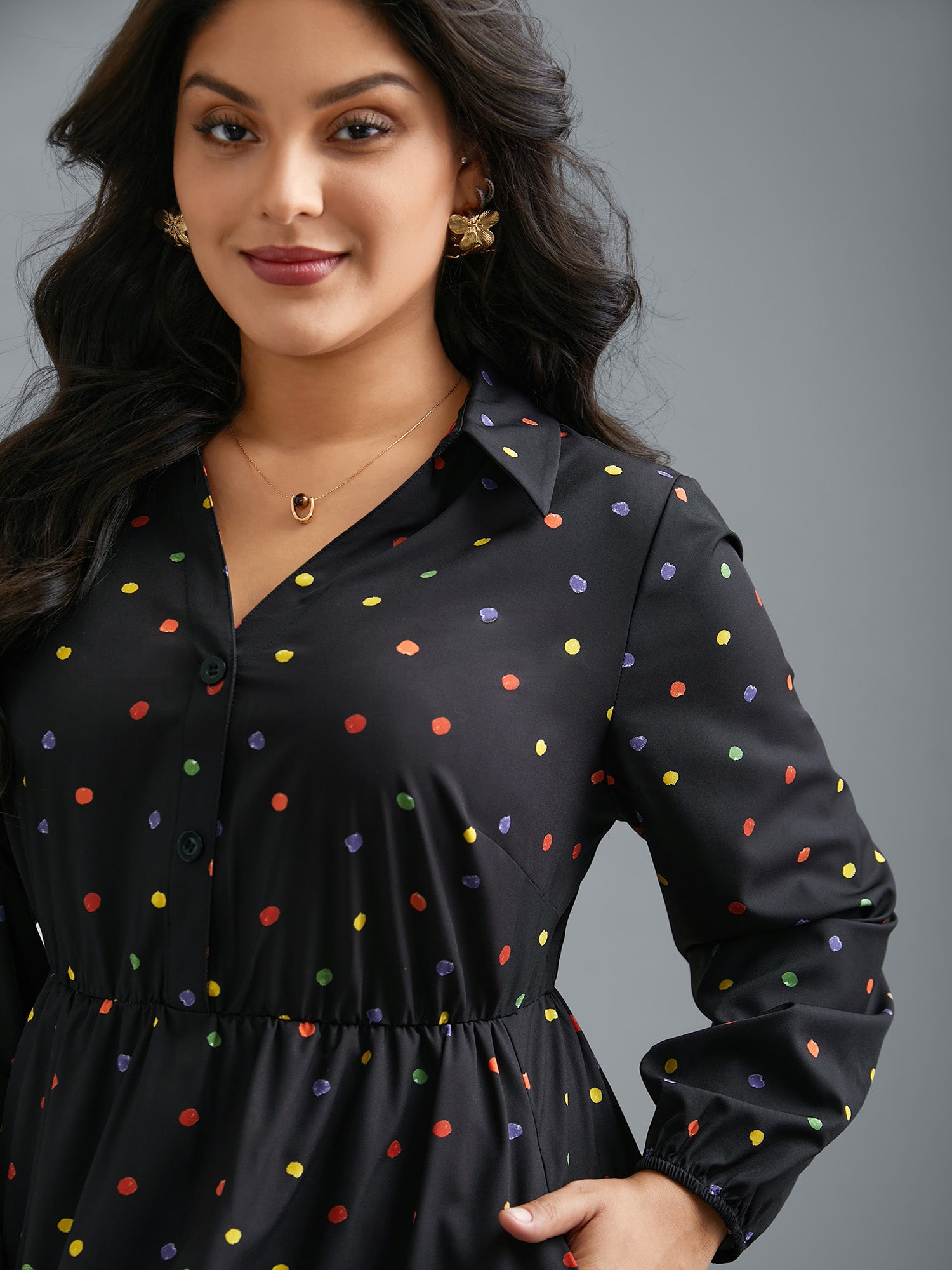 Shirt Collar Colored Polka Dot Dress