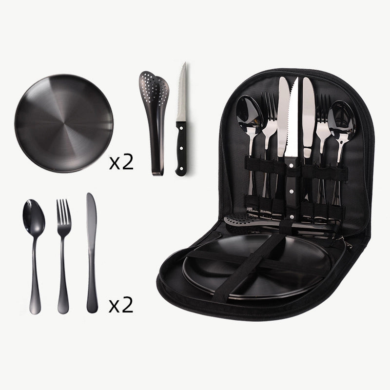 Outdoor Travel Stainless Steel Tableware Camping Picnic Barbecue Plate Clip Steak Knife. Fork And Spoon Suit Portable Storage Bag