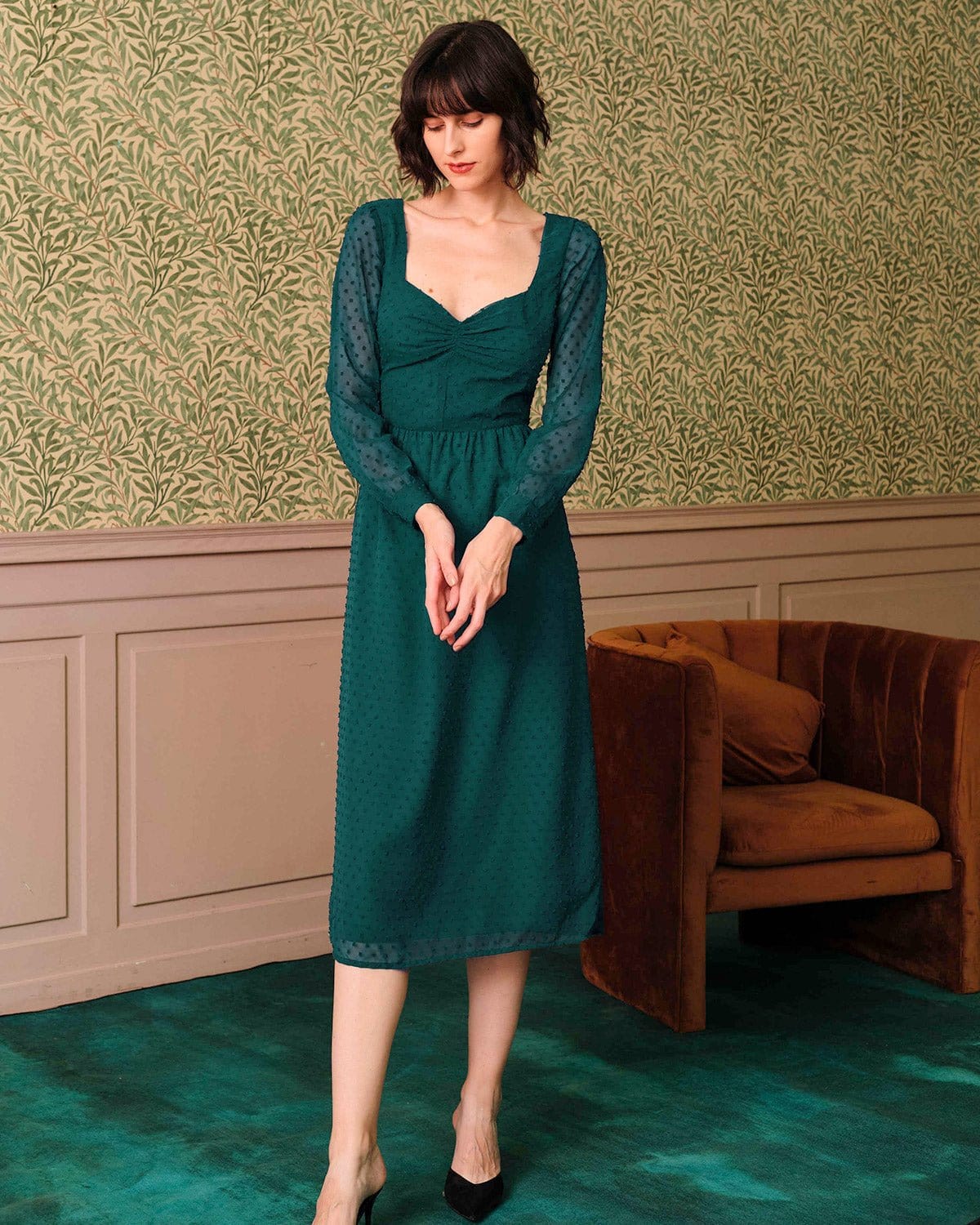 The Sweetheart Neckline Sheer Sleeve Midi Dress