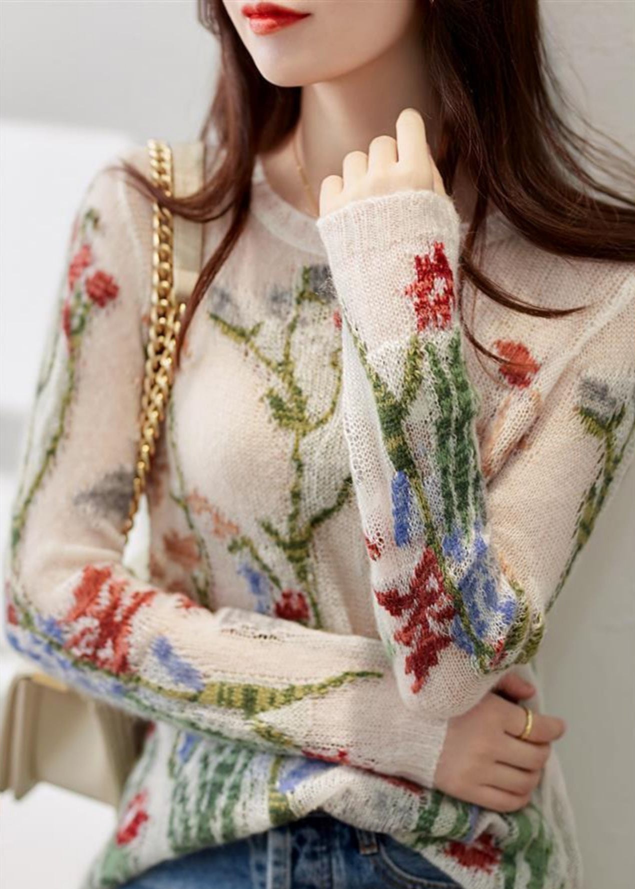 French O-Neck Floral Hollow Out Knit Sweaters Spring