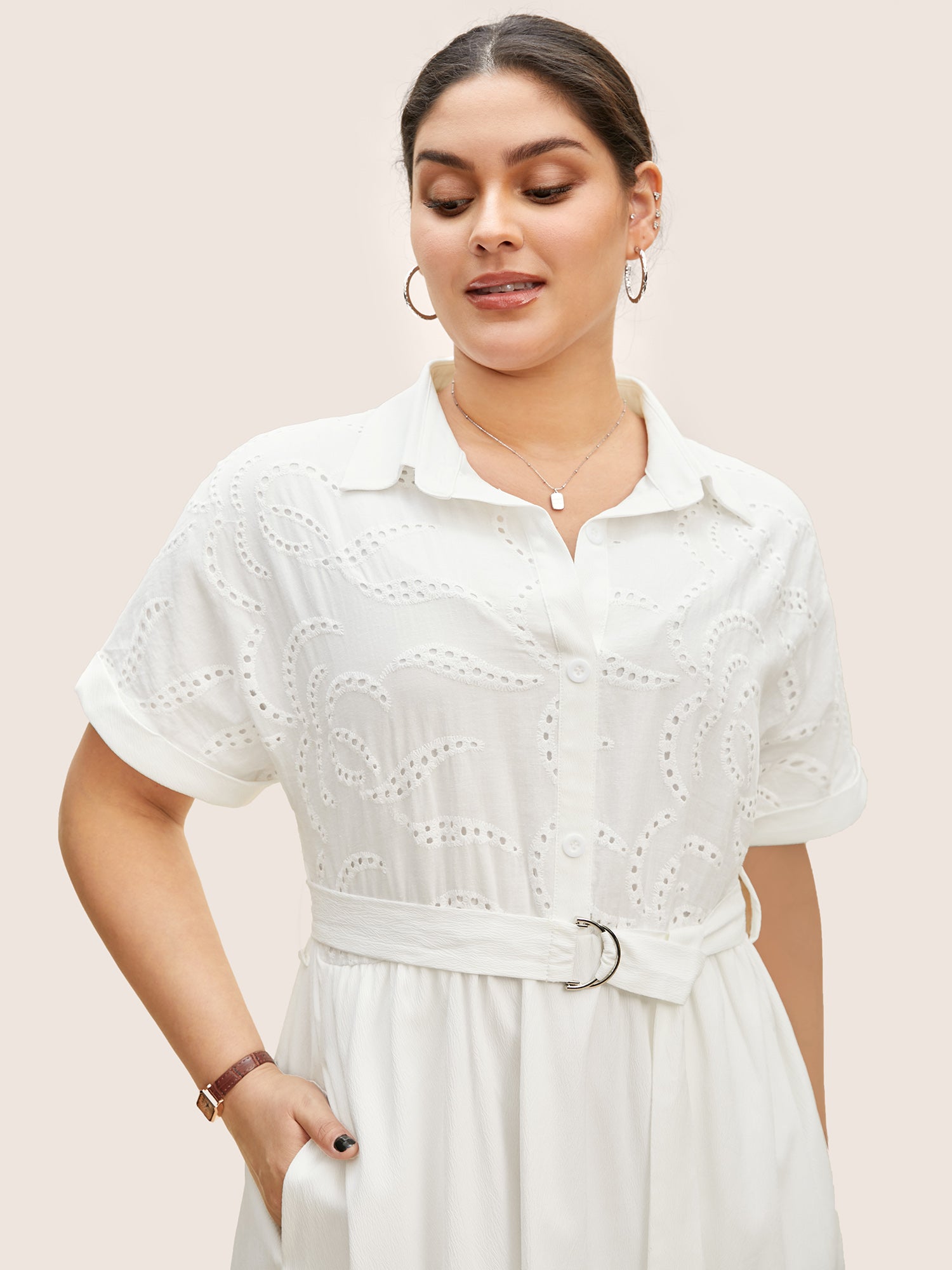 Broderie Anglaise Shirt Collar Belted Dress