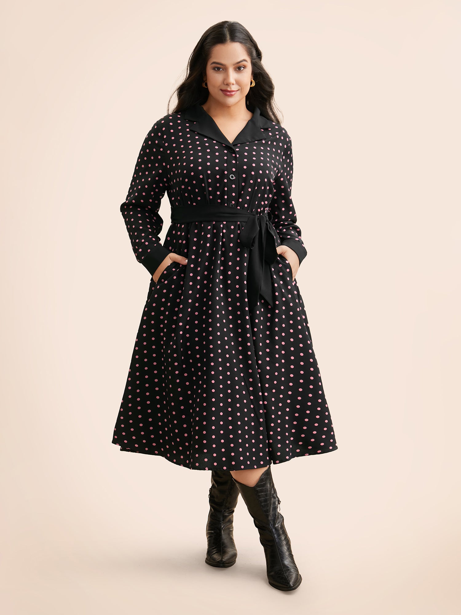 Polka Dot Suit Collar Belted Dress