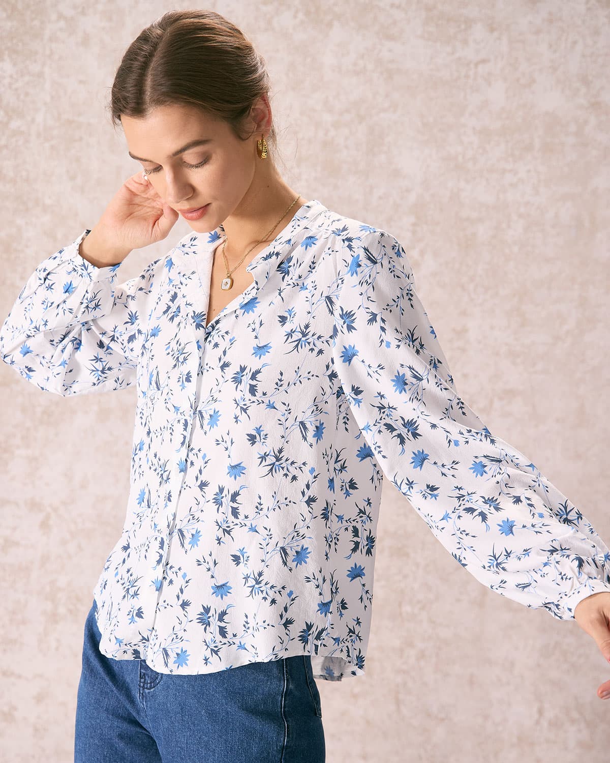 The White Mock Neck Leaf Print Button Shirt