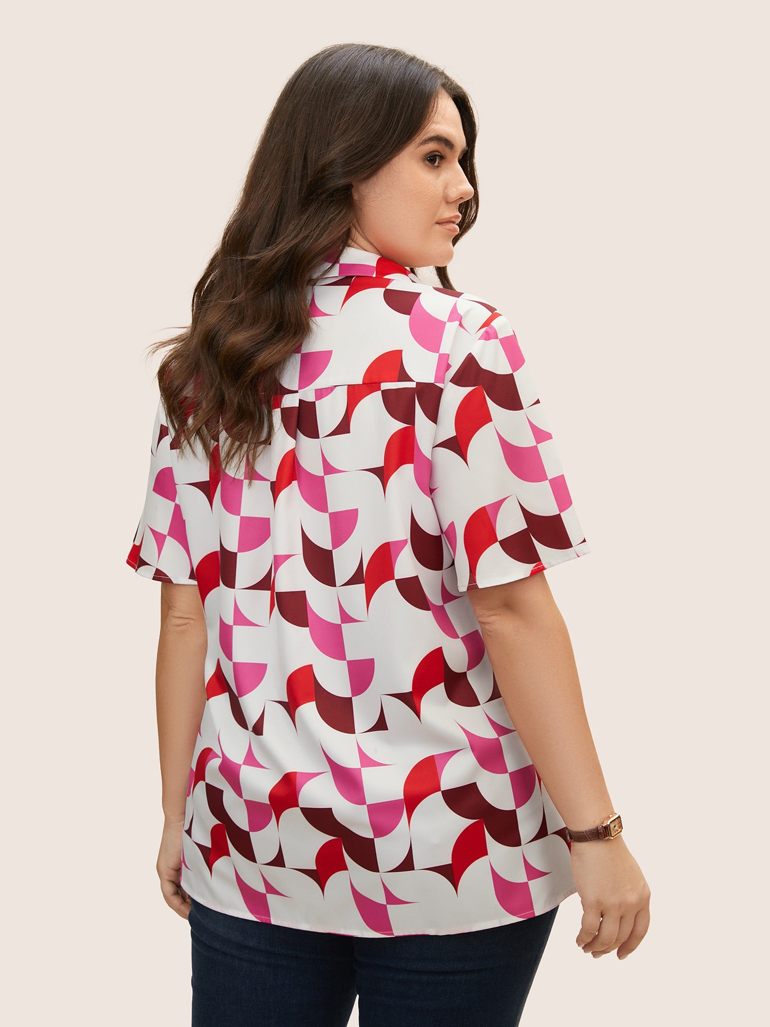 Contrast Geometric Shirt Collar Flutter Sleeve Blouse