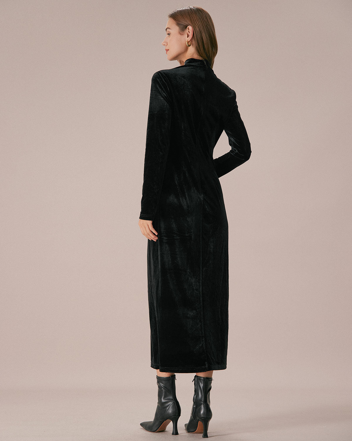 The Black Mock Neck Velvet Slit Maxi Dress